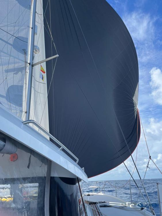 2024 Excess 14 sailboat with large black sail on open sea under blue sky.