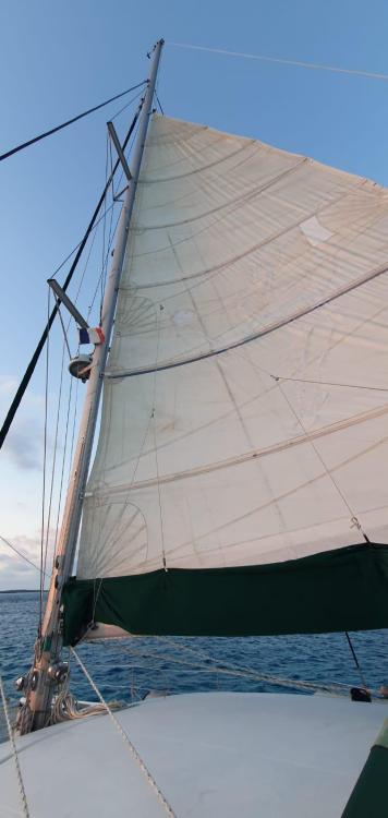 Sailing catamaran Fountaine Pajot Bahia 46, 1999 model, with sails unfurled on open water.