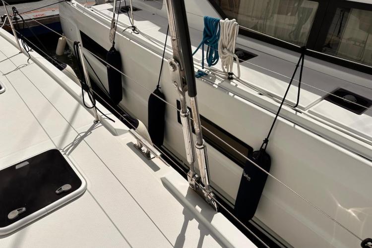 2016 Fountaine Pajot Ipanema 58 yacht deck with rigging and fenders.
