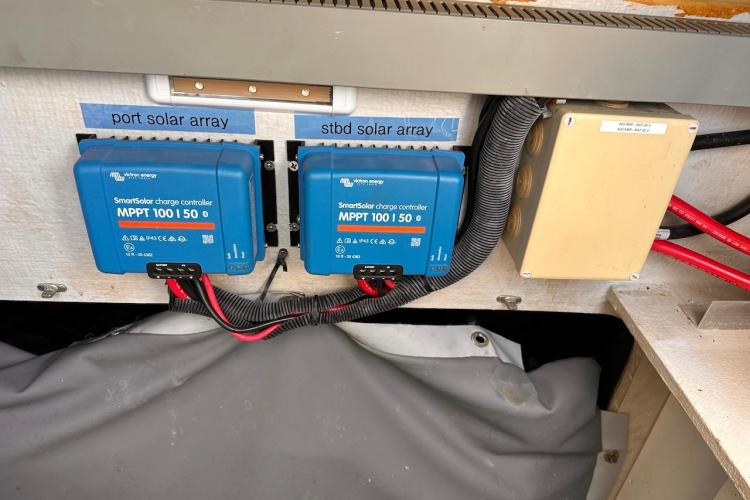 Solar charge controllers on 2016 Fountaine Pajot Ipanema 58 catamaran, labeled for port and starboard arrays.