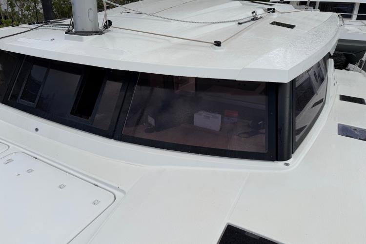 2020 Fountaine Pajot Astrea 42 catamaran, showcasing sleek windows and modern design.