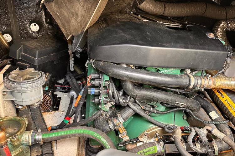 Engine compartment of 2016 Fountaine Pajot Ipanema 58 catamaran, showcasing intricate mechanical components.