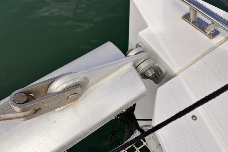 Close-up of a 2016 Fountaine Pajot Ipanema 58 catamaran's anchor mechanism.