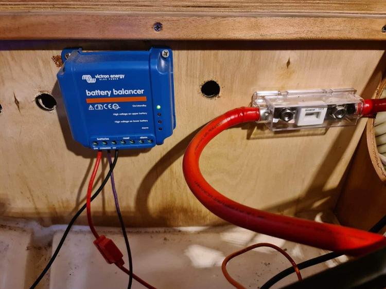 Battery balancer and wiring inside a 2007 Elan Impression 434 yacht.