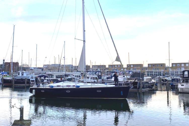 Bavaria Cruiser 46 sailboat in harbor, year 2006.