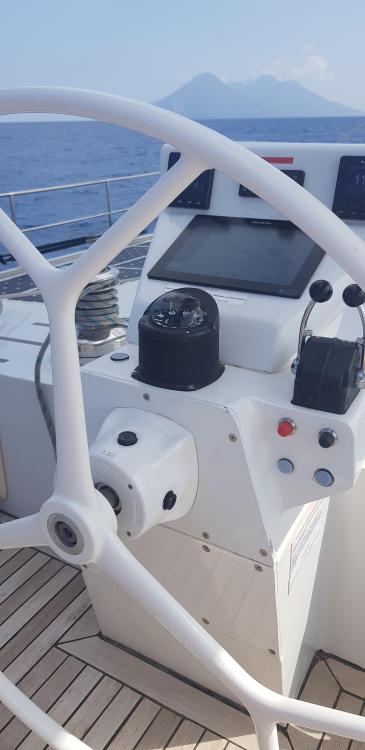 Steering wheel and controls of 2019 Squalt Marine CK 64 yacht.
