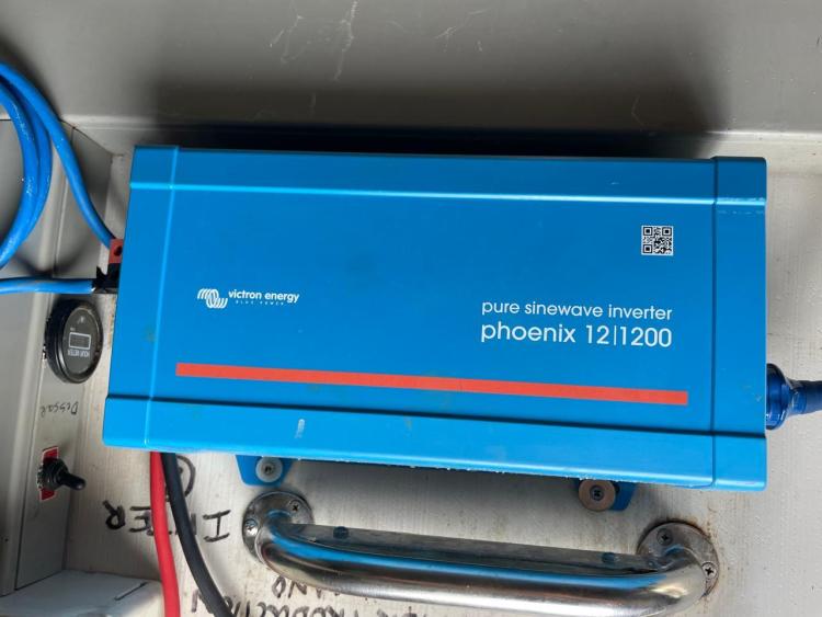 Blue Victron Energy pure sinewave inverter, Phoenix 12/1200, installed on a 2006 Fountaine Pajot Bahia 46.