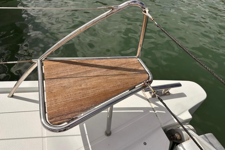 Stainless steel and wood deck detail on 2016 Fountaine Pajot Ipanema 58 catamaran.