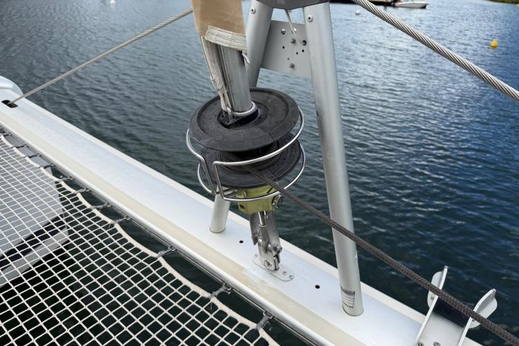 Fountaine Pajot Astrea 42 sailboat rigging detail, 2020 model, on calm water.