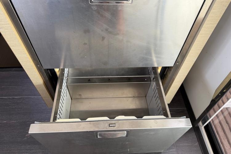 Open stainless steel drawer on Fountaine Pajot Astrea 42 yacht, 2020 model.