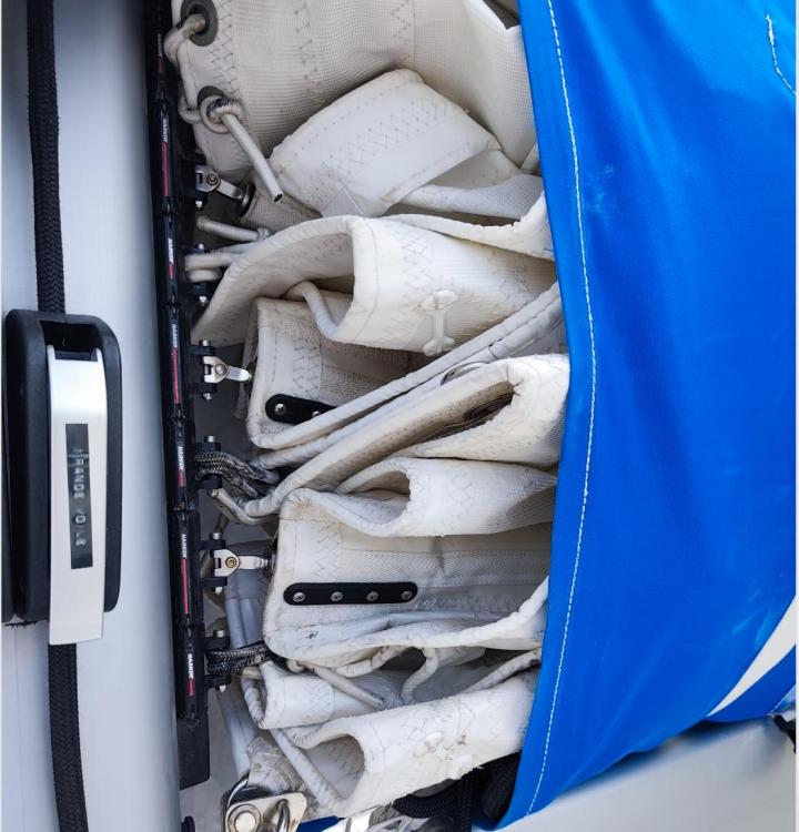 Rolled sails on a Custom Patago 40 boat, 2019 model, with blue cover.