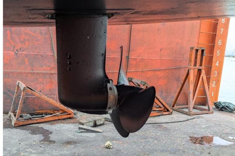Propeller of 2017 Dufour 460 Grand Large yacht in dry dock.