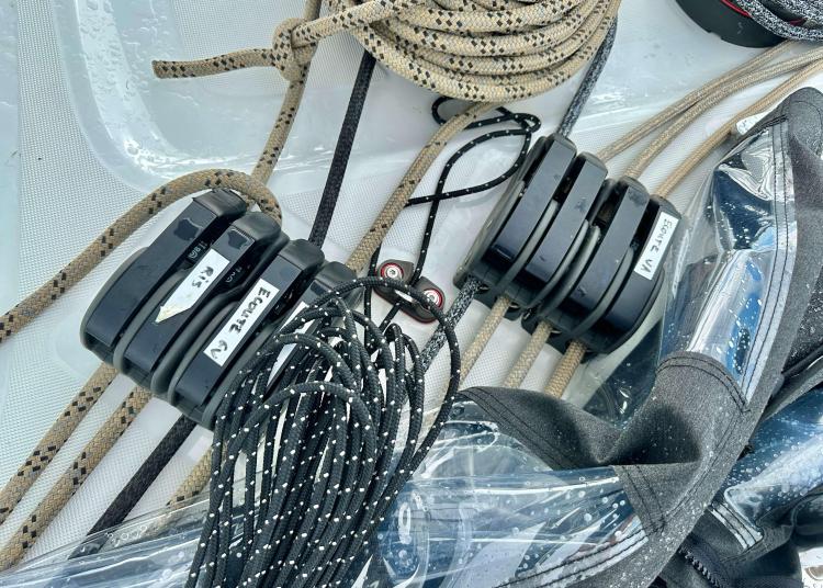 Rope and pulley system on 2023 Lagoon 46 catamaran deck.