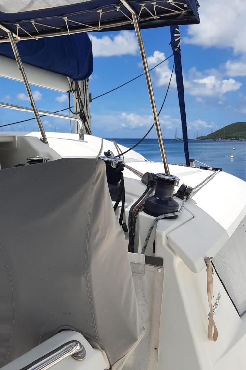 2017 Fountaine Pajot SABA 50 yacht deck with ocean view and blue sky.