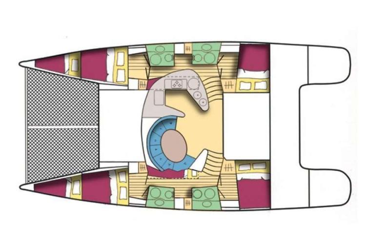 Floor plan of a 2006 Fountaine Pajot Bahia 46 catamaran, featuring cabins and living areas.