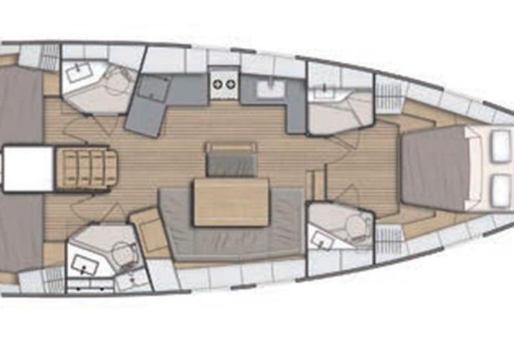 Floor plan of a 2019 Beneteau Oceanis 46.1 yacht, featuring cabins and living areas.