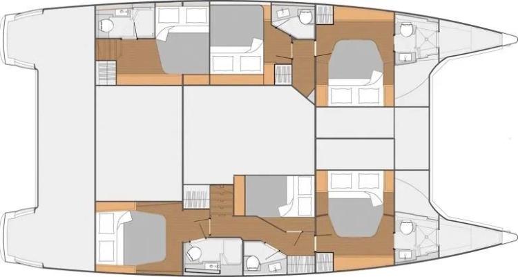 Floor plan of a 2017 Fountaine Pajot SABA 50 catamaran, featuring multiple cabins and bathrooms.