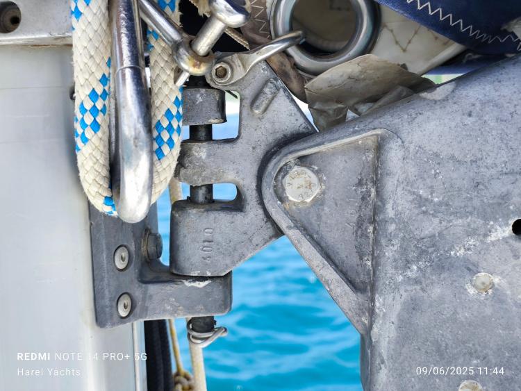 Close-up of Beneteau Cyclades 43.3 sailboat rigging and hardware, 2005 model.