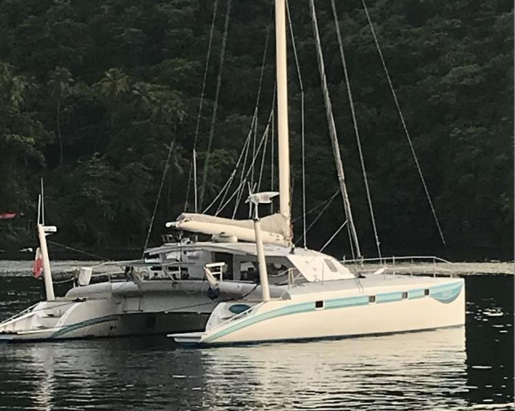 Custom KSENIA 149 catamaran, 2010 model, anchored in tranquil waters with lush forest backdrop.