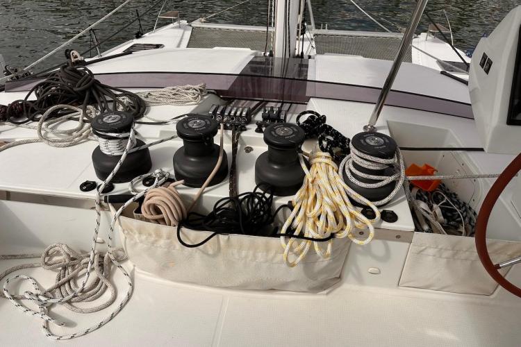 Deck of 2016 Fountaine Pajot Ipanema 58 with ropes and winches.