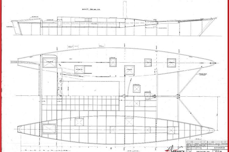 Blueprint of a 1995 Catamaran Day Charter Open Bridge Deck design plan.