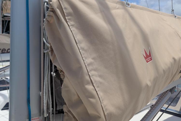 Sail cover on a 2017 Dufour 460 Grand Large yacht, featuring Elvstrøm Sails logo.