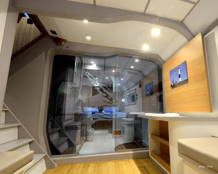 Luxurious interior of 2019 Squalt Marine CK 64 yacht with modern design and elegant lighting.