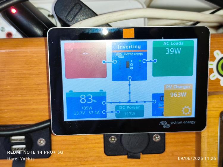 Victron Energy display on Beneteau Cyclades 43.3, showing power usage and battery status.