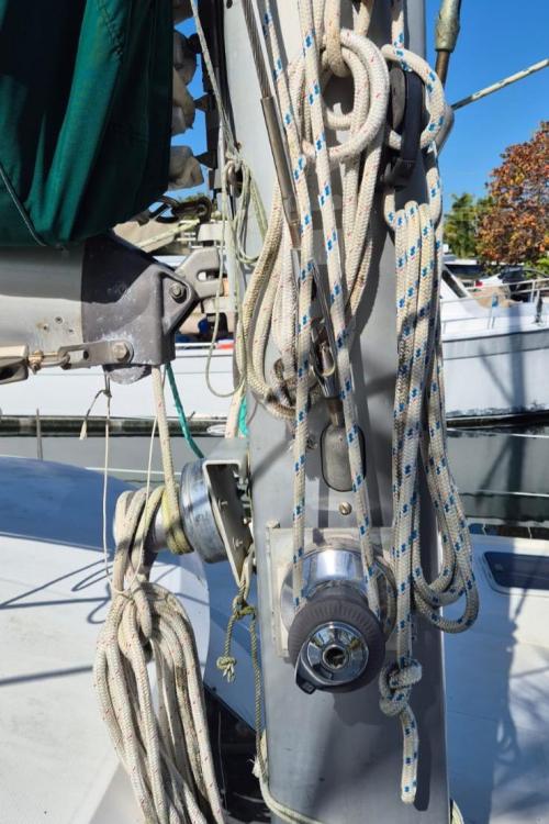 Close-up of rigging on a 1999 Fountaine Pajot Bahia 46 catamaran sailboat.