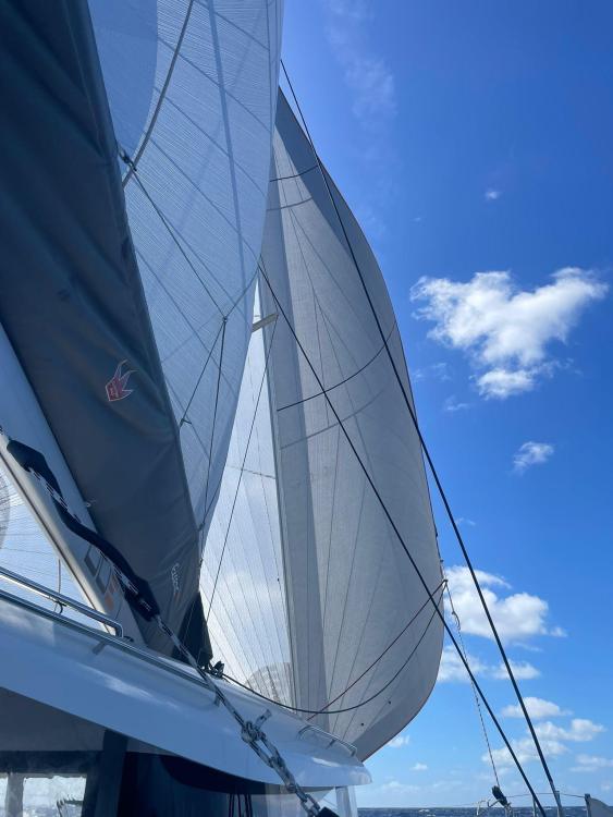 Sailing yacht Excess 14, 2024 model, with sails unfurled against a clear blue sky.