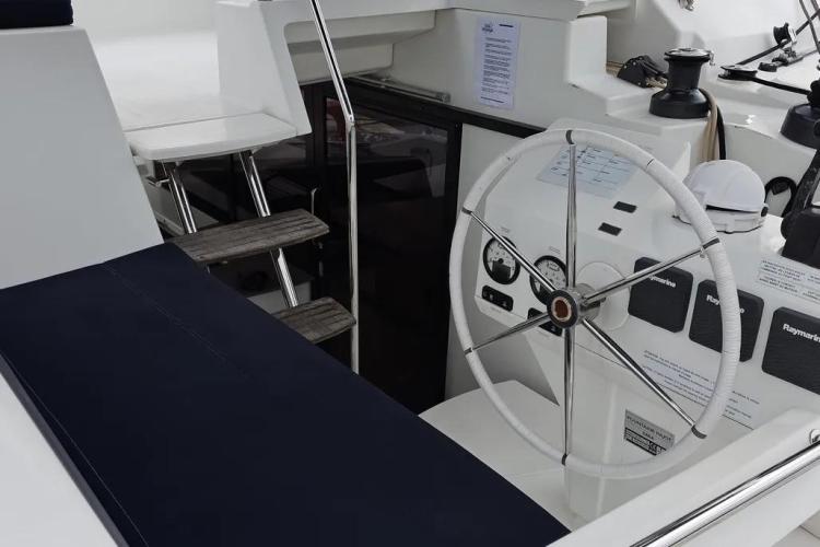 Steering wheel and controls of 2017 Fountaine Pajot SABA 50 catamaran.